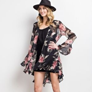 Easel Boutique Ruffled Sheer Floral Summer Kimono